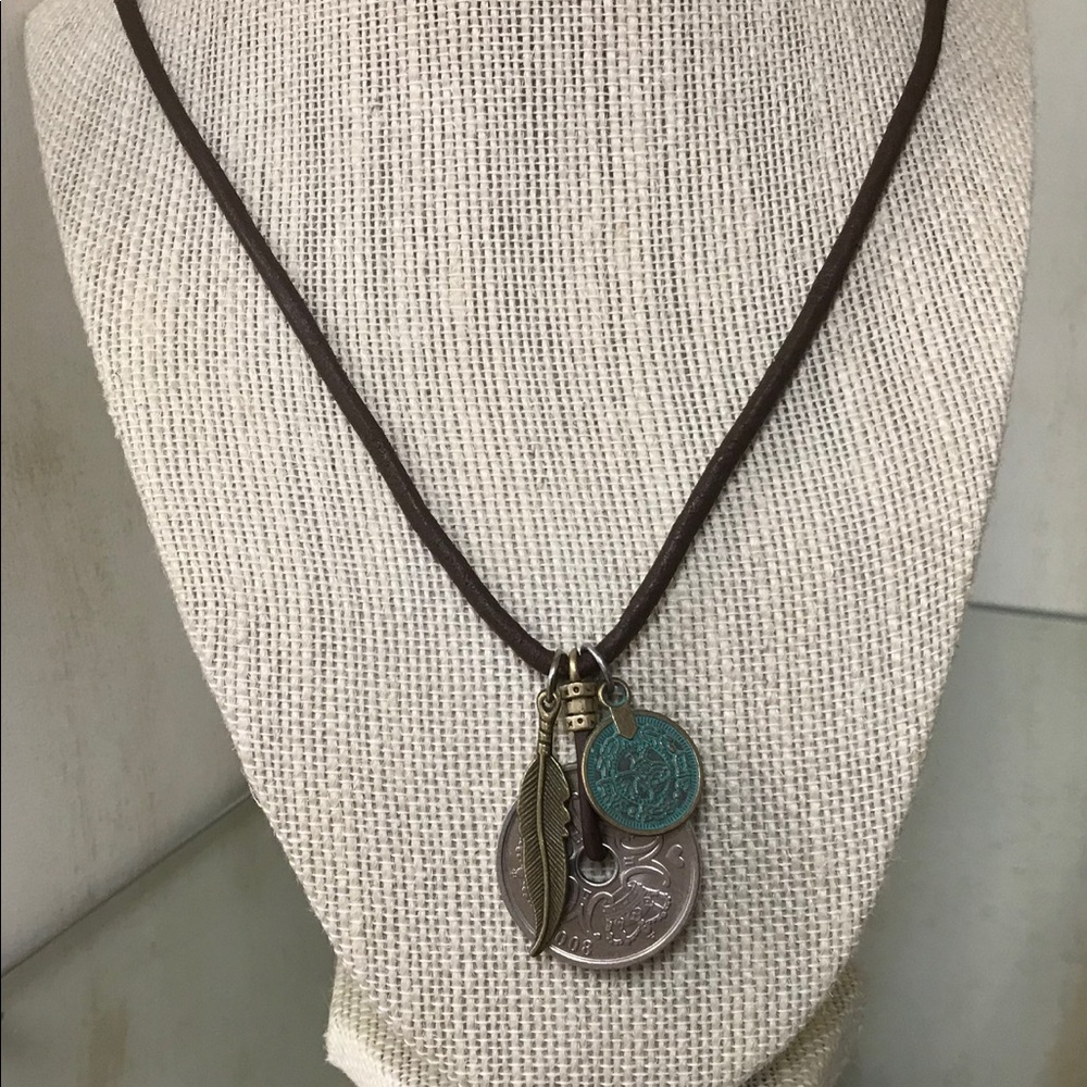 Coin & Feather Leather Corded Necklace